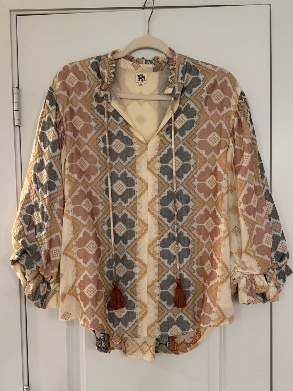 Ivy Jane Boho Printed Peasant Blouse - Neutral Multi